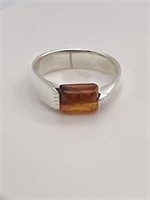 Amber Rectangle Cut Silver Ring