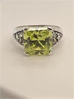 Green Princess Cut Peridot & CZ Silver Ring