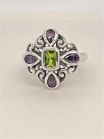 Vintage Purple & Green Gemstone Silver Ring