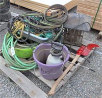 Sprayer bucket garden hoses, bug light, misc ropes