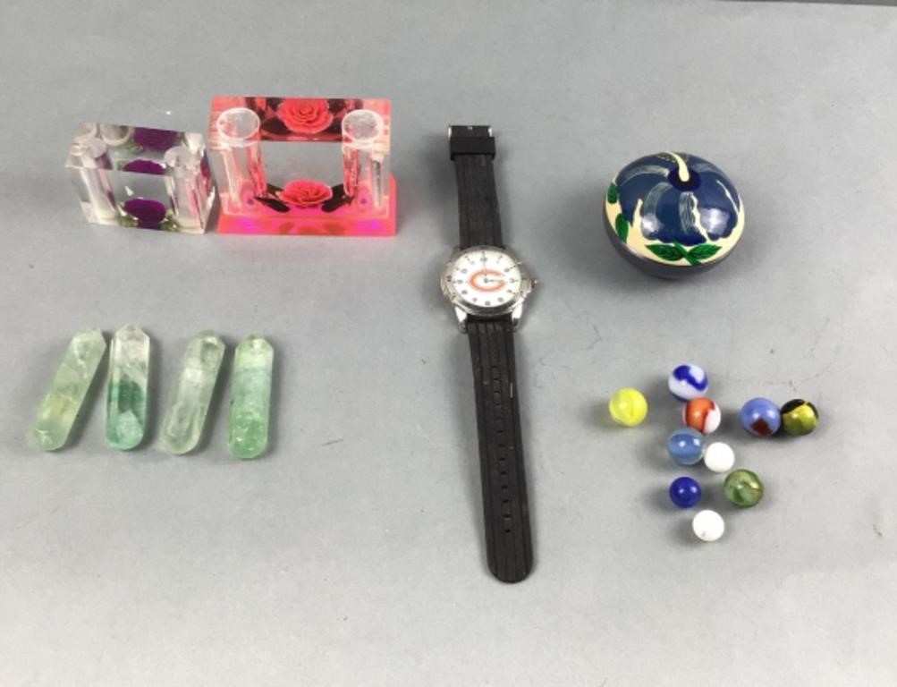 10 marbles, bears watch, 2 resin flowers, 4