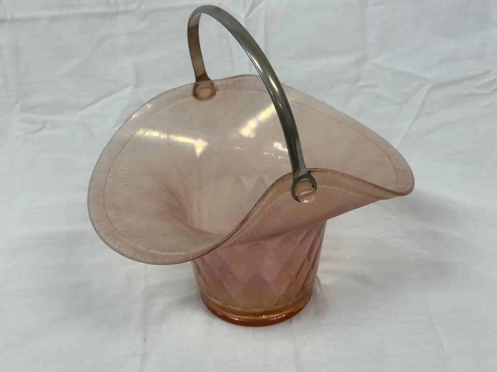 Glass Pink Basket w Handle