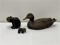 Bronze Duck Decoy & 2 Wooden Carved Bears