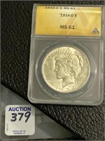 Graded 1934-D Silver Peace Dollar MS-61