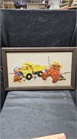 Teddy Bear & Trucks Framed Crewel 22" x 13"