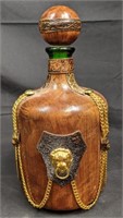 10" Ornate Leather and Guilded Lion Decanter Bottl
