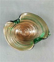 Murano Art Glass Green and Gold Flake Swirl Bowl