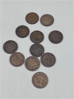10 various date Indian head pennies