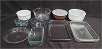 Group of Pyrex mixing bowls and baking dishes (10)