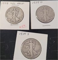 3 WALKING LIBERTY HALF DOLLARS 1939, 39 S, 39 D