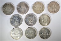 10 MIXED DATE CANADIAN SILVER DOLLARS