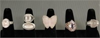 6 sterling rings set with rose quartz & amethyst;