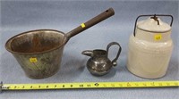 Large Tin Dipper, Tin Pitcher, & Stoneware Jar