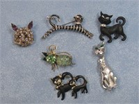 Six Vtg. Cat Rhinestone Brooch Pins