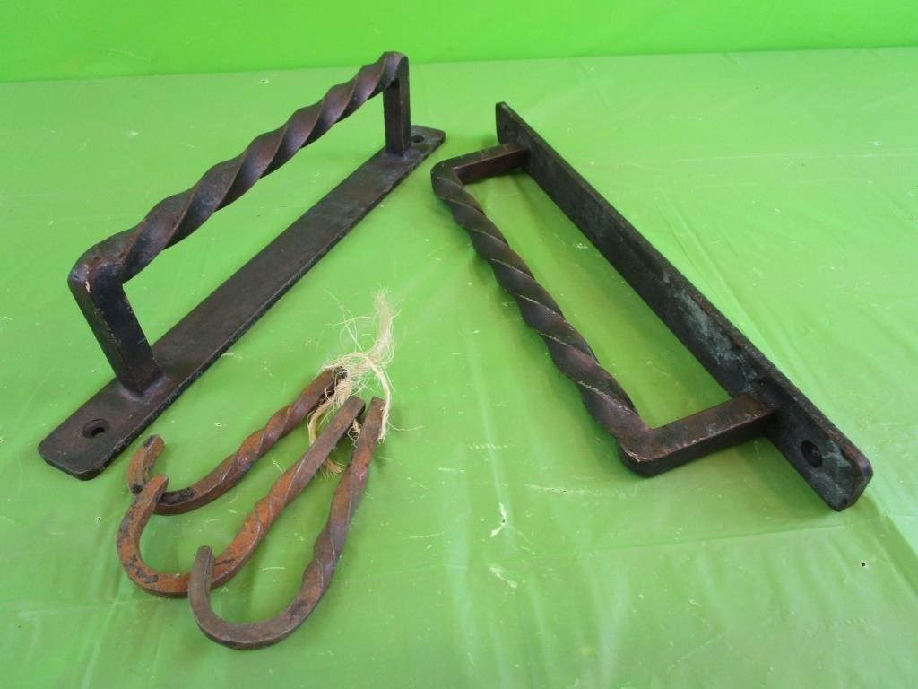 Heavy Iron Door Handles 16", Forged Iron Hooks