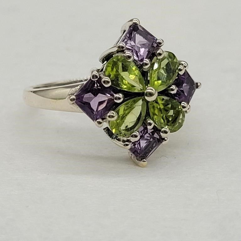 925 SILVER W GREEN & PURPLE STONES RING SZ 7.75