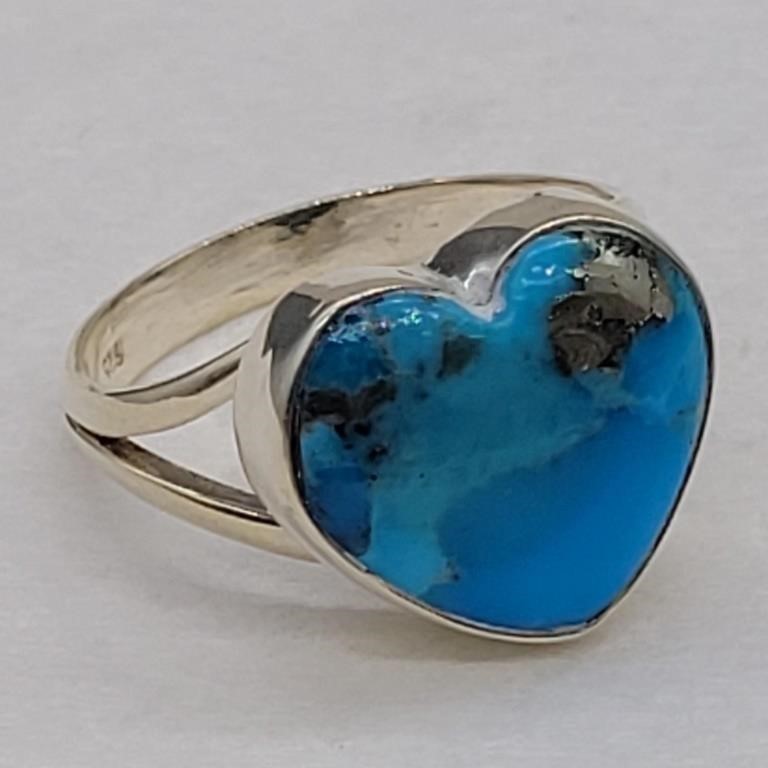 925 SILVER TURQUOISE HEART RING SZ 8.5