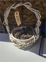 Woven Wood Basket, Ceramic Basket w pinecones