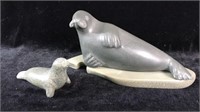 2 Eskimo Stone Carvings of Seals, 1 Signed