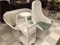 Wicker Settee, Tall Back Chair & 3 Tiered Stand