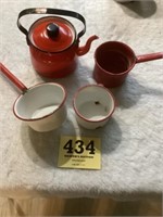 Vintage, red and white enamelware