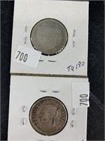 2 South African silver schillings: 1937, 1938