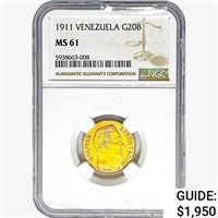 1911 Venezuela .1867oz Gold 20 Bolivares NGC MS61