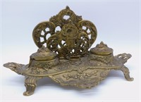 Bronze Letter Desk Stand with Double Inkwell.