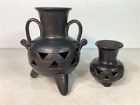 2 Black Cutout Vases, Lama Oaxaca Mexico, 9&5in