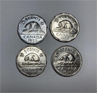 4 Canadian Nickels, 1953-1978