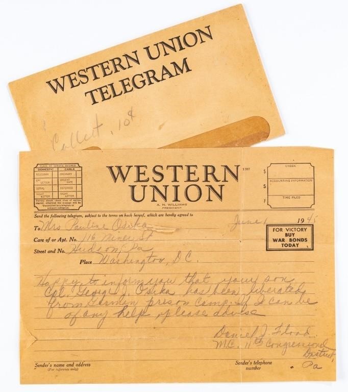 U.S. WWII Western Union Telegram POW Release