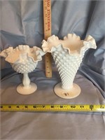 Two hobnail milk, glass fluted vase and dish