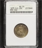 1875-S/S Twenty Cent Piece ANACS AU55 Old Slab