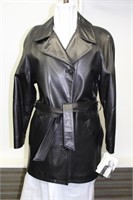 Black leather lamb skin belted coat size M