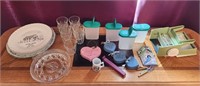 Assorted Glasses, Shakers, China Plates, Wall