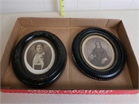 2 SMALL ANTIQUE OVAL PICTURE FRAMES W/ PICTURES