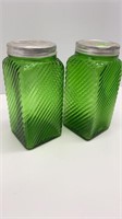 2-6" TALL VTG. GREEN GLASS CANISTERS W/ LIDS