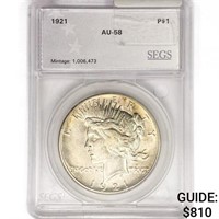 1921 Silver Peace Dollar SEGS AU58
