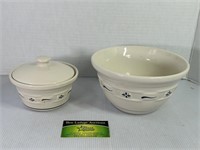 2 Longaberger Pottery Bowls One with Lid