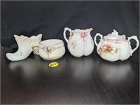 Porcelain Tea Lot Sugar Bowl, Cream Pitcher &