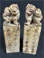 Pr. Chinese Carved Soap Stone Foo Dog Desk Seals