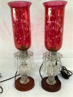 Pair antique cranberry glass lamps 18” tall