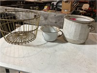 Large egg basket enamelware bucket, and cup