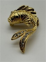 Vintage Gold Tone & Crystal Fish Pin