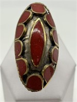 Vintage Afghani Silver Red Coral Long Ring