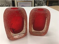 Pair Heavy Glass Red Vases 6" Tall