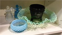 5 pieces of colored glass, Blue hobnail cruet