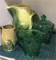 2 pottery corn pitchers, green glass creamer &