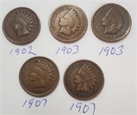 (5) Indian Head Pennies 1-1902, 2-1903, 2- 1907