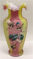 Enamel Decorated Yellow & Pink Satin Glass Vase